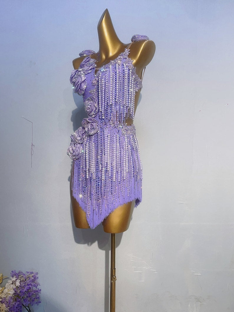 Custom Made to order Latin Dress 40 Colors Women Kids Girls Fringe Latin Dance Professional Competition Dress Purple Lilac Pageant Dress