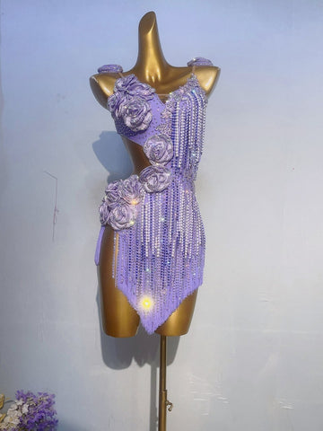 Customizable Violet Flower Rhinestone Fringe Latin Dance Dress