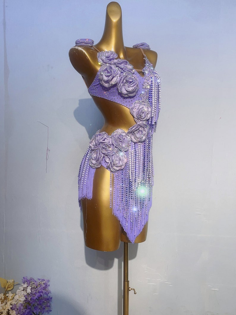 Customizable Violet Flower Rhinestone Fringe Latin Dance Dress