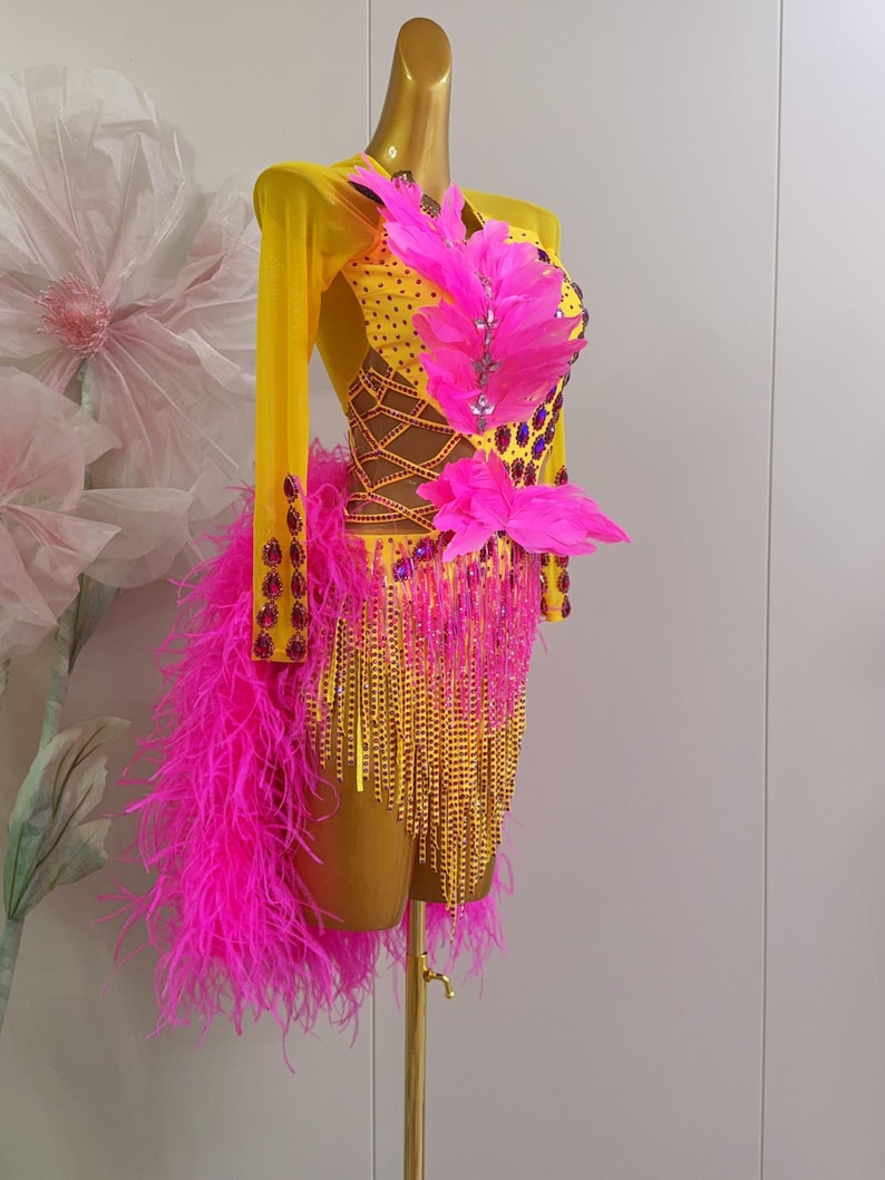 Ostrich Feather Custom Made Latin Dress Women Dance Competition Chacha Tango Ballroom Standard Dress Fasching Carnival Karneval Costume
