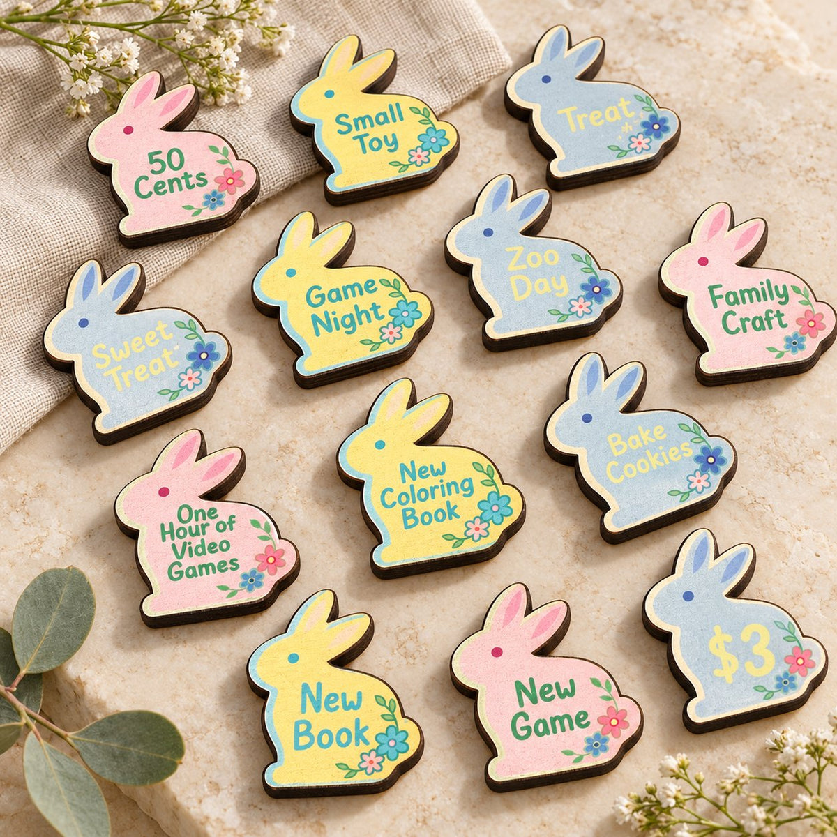 Wooden Bunny Easter Egg Hunt Reward Tokens - Set of 30