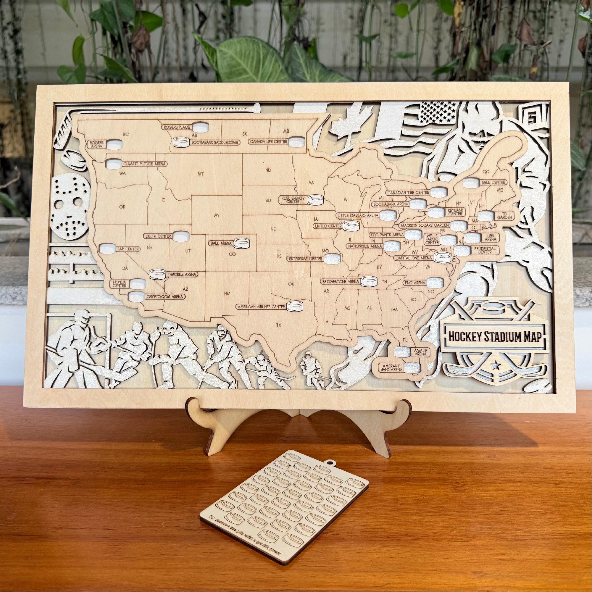 Personalized NHL Arena Travel Map with Stand - Wooden Bucket List