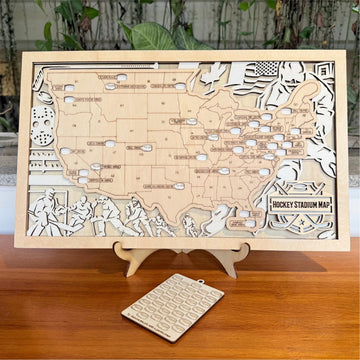 Personalized NHL Arena Travel Map with Stand - Wooden Bucket List