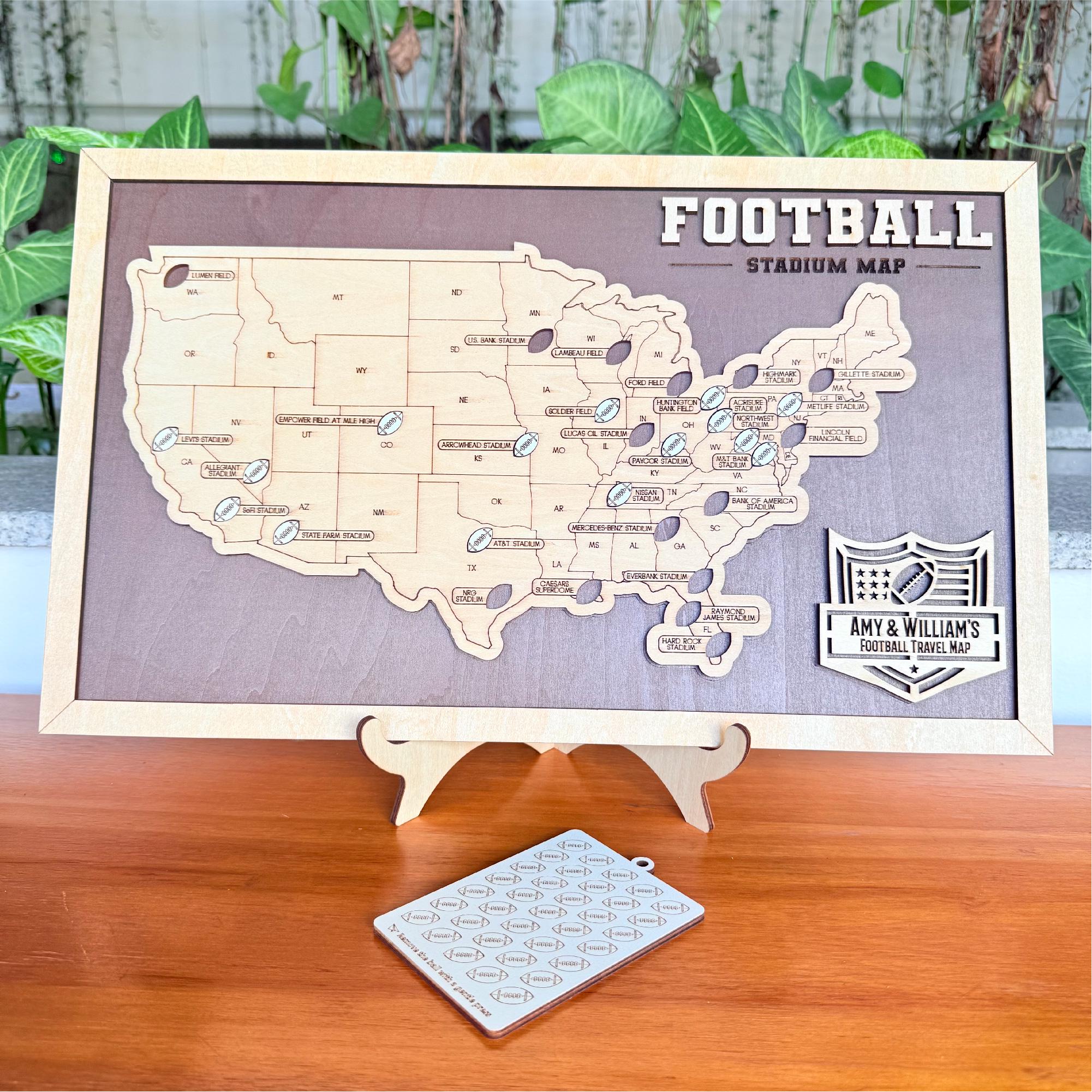 Personalized NFL Stadium Travel Map with Push Pins - Sturdy Wood Back