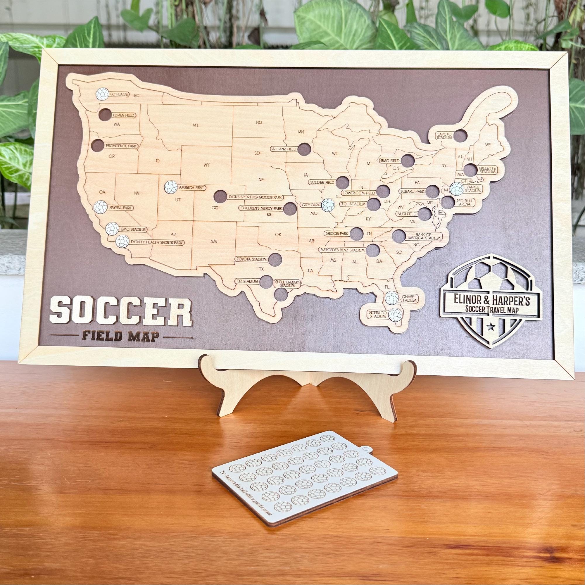 Personalized Soccer Stadium Travel Map with Push Pins - Blank Back