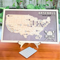 Map of the United States with major league baseball stadiums marked, on a stand with a small plaque.