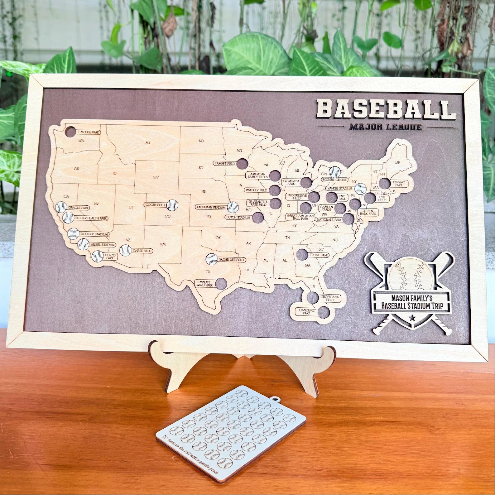 Map of the United States with major league baseball stadiums marked, on a stand with a small plaque.