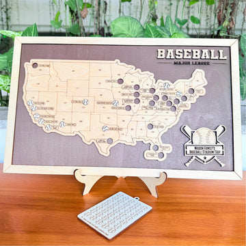 Map of the United States with major league baseball stadiums marked, on a stand with a small plaque.
