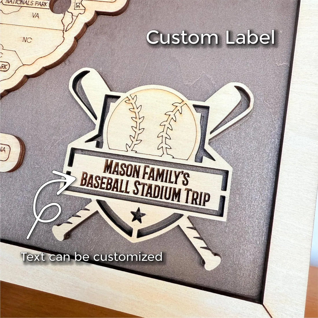Map of the United States with major league baseball stadiums marked, on a stand with a small plaque.