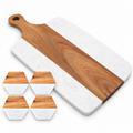 Marble and acacia serving board with four matching coasters on a white background