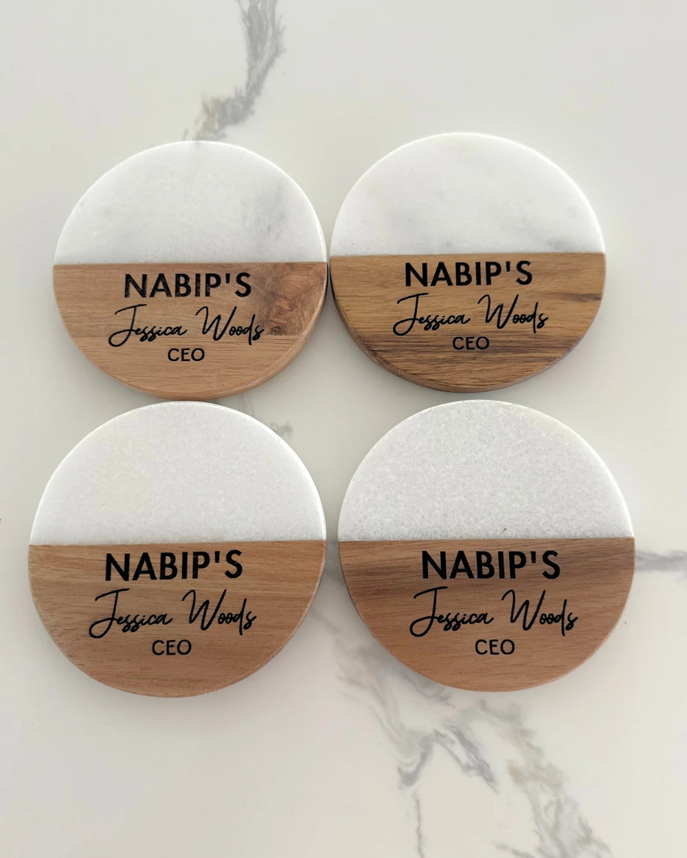 Branded marble and wood coasters