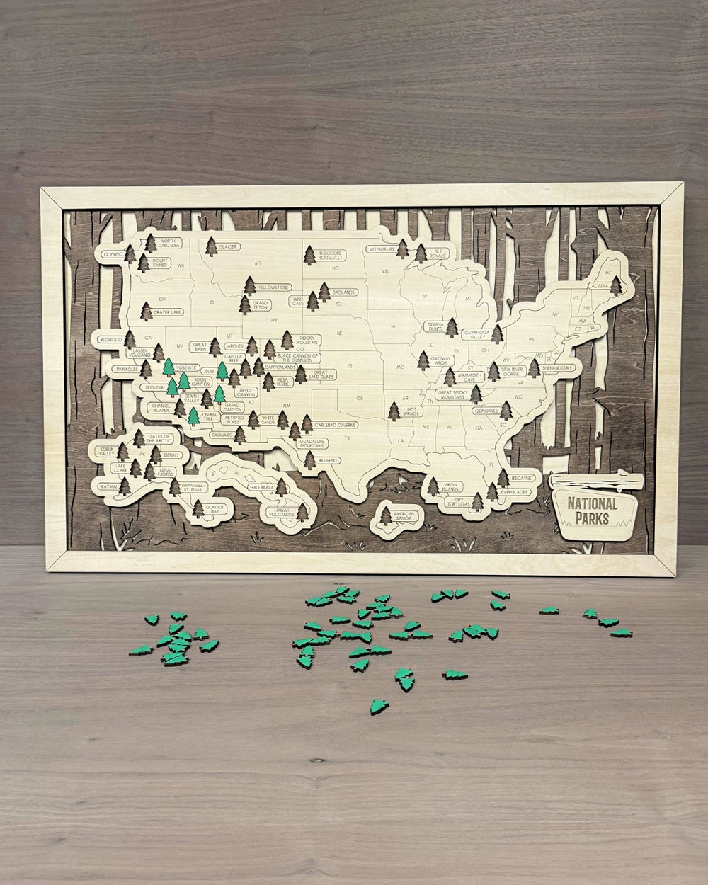 Framed wooden national parks travel map