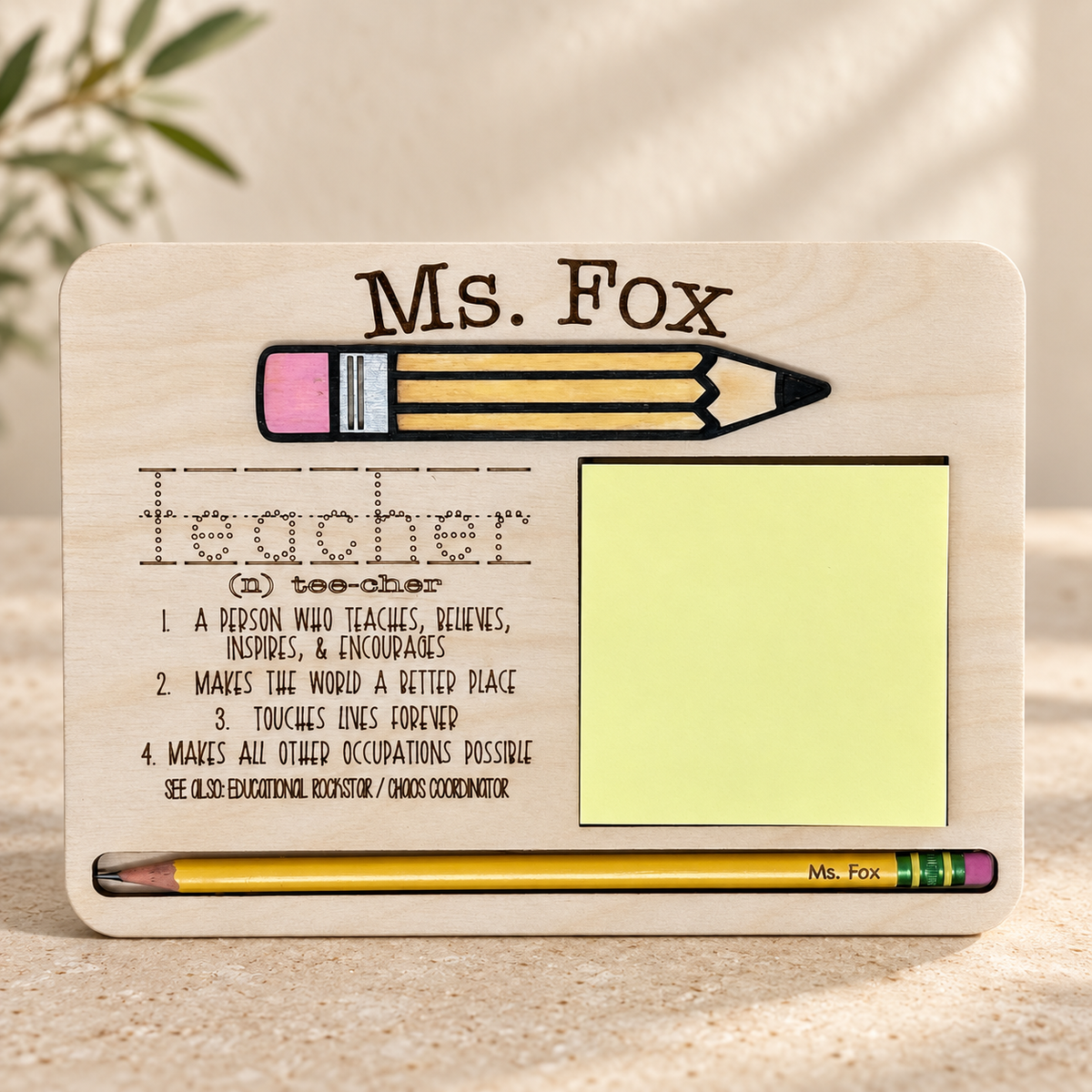 Personalized teacher sticky note and pencil holder on a warm neutral tabletop