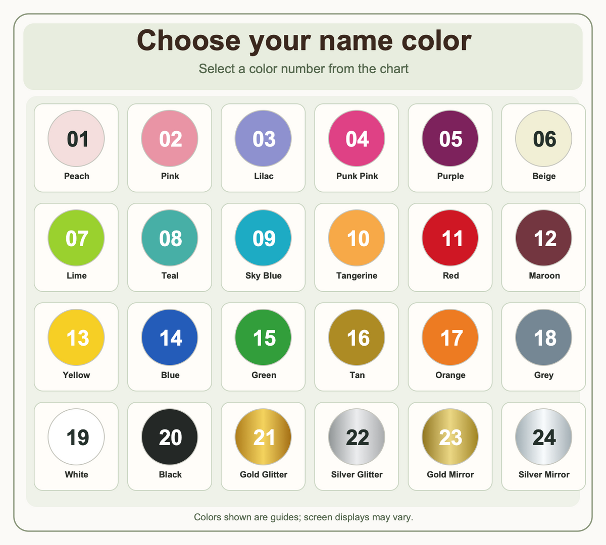 Choose a name color from 24 numbered options with names