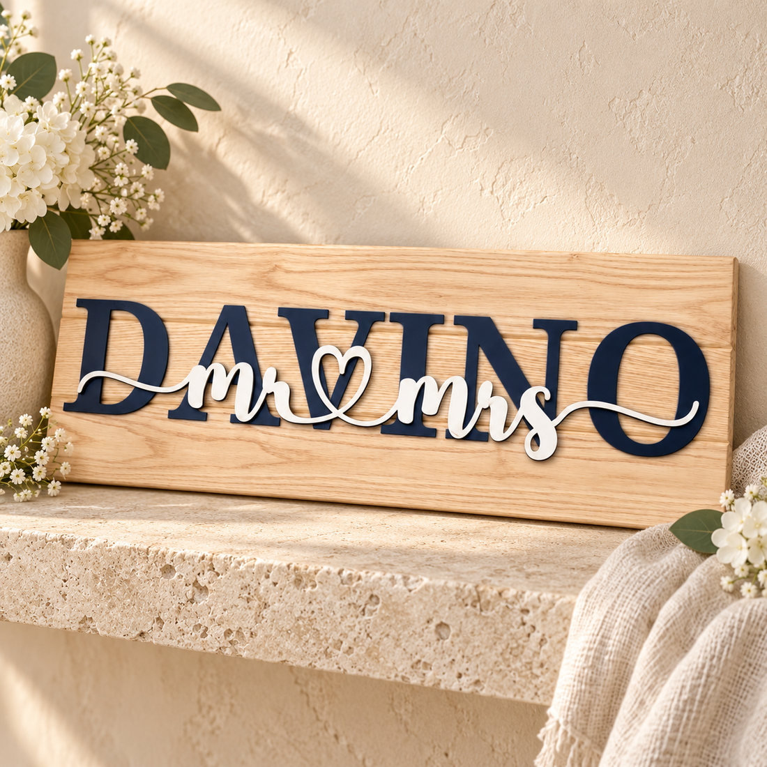 DAVINO wedding sign on warm stone