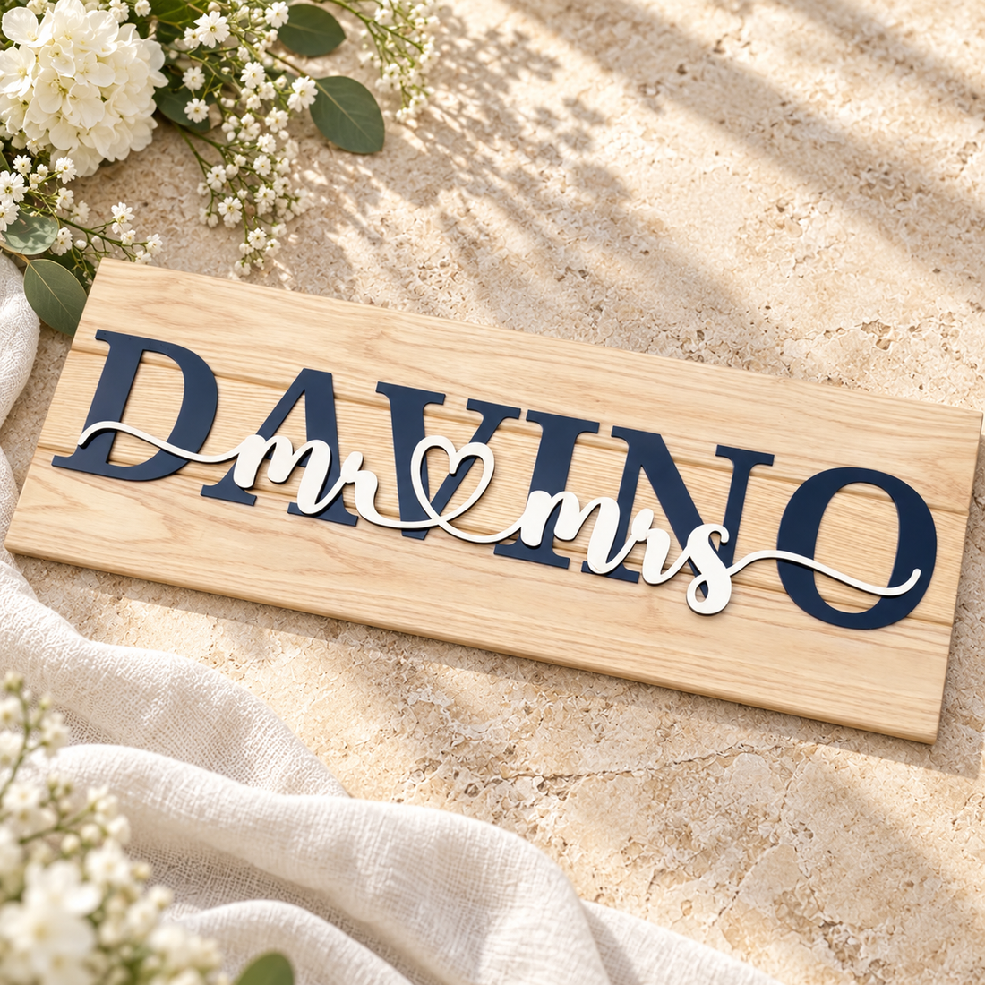 DAVINO wedding sign on warm stone