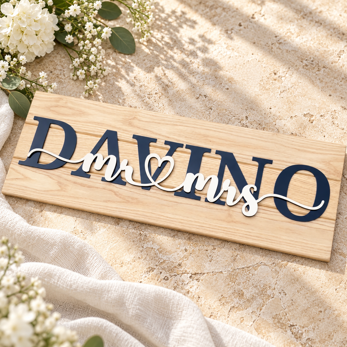 DAVINO wedding sign on warm stone