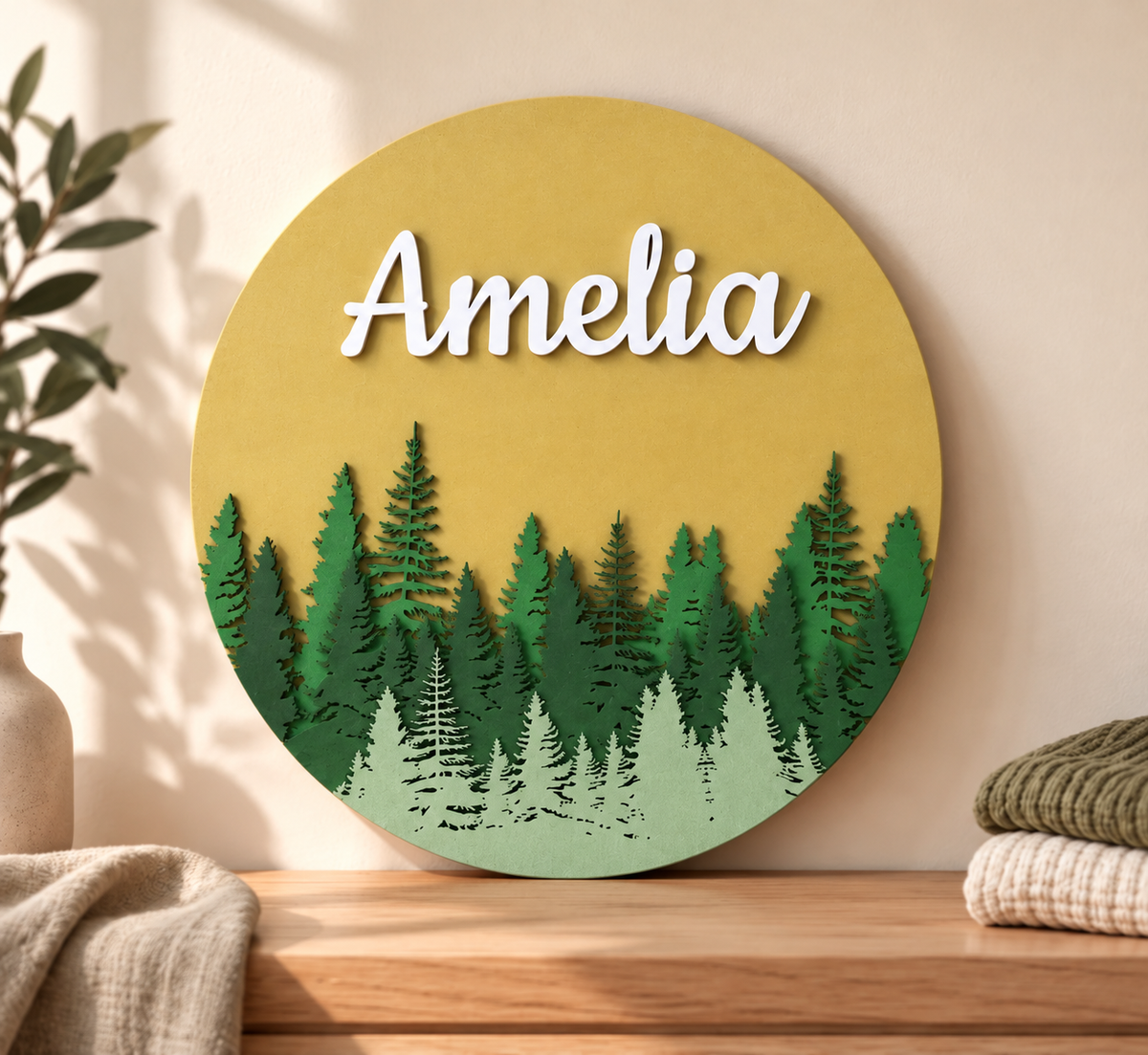 Upright woodland baby name sign with level Amelia lettering and forest design