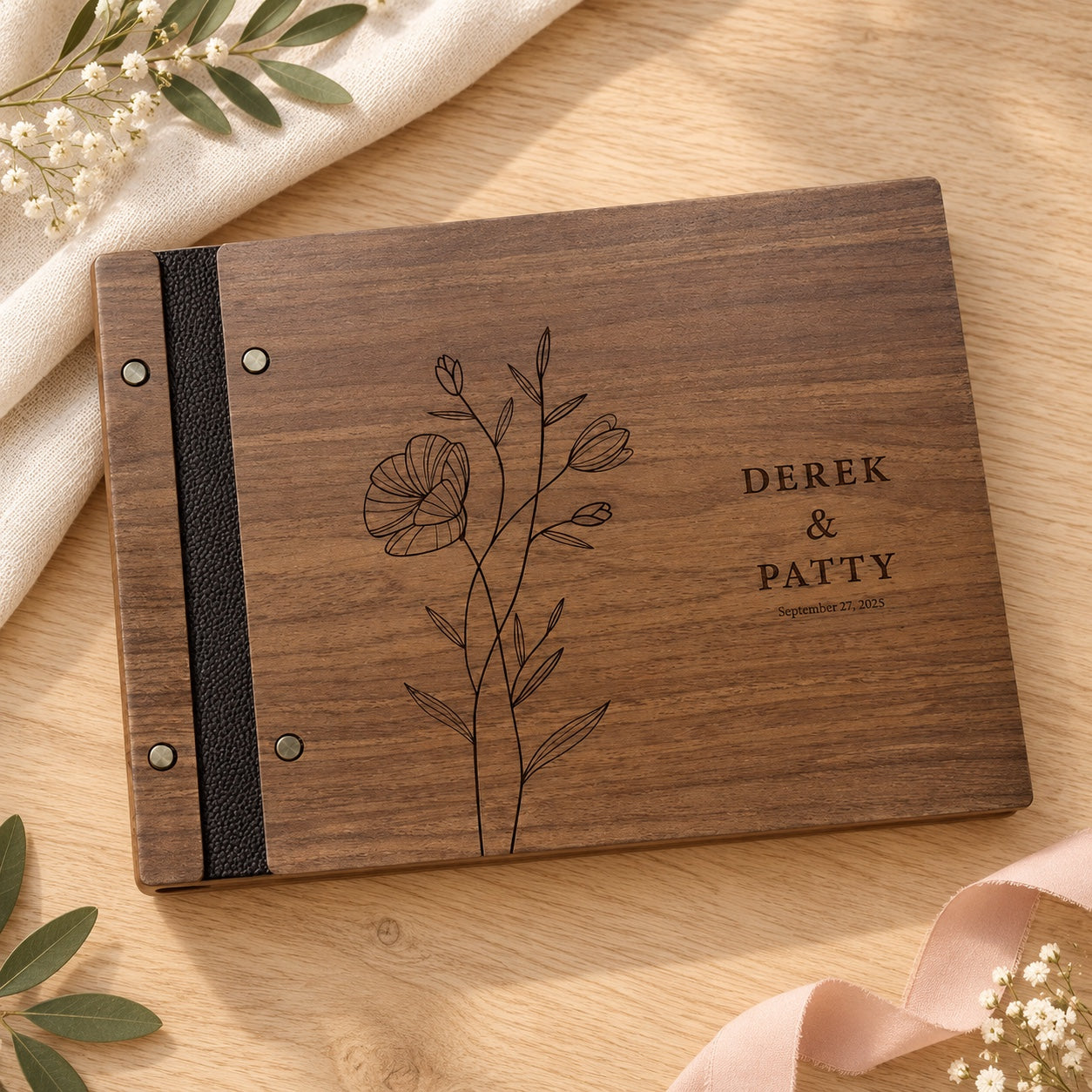 Engraved walnut wedding guestbook with ivory linen