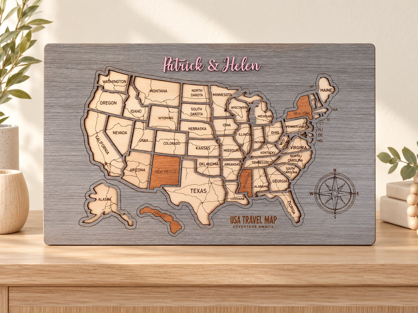 Personalized wooden USA travel map in a warm cream setting