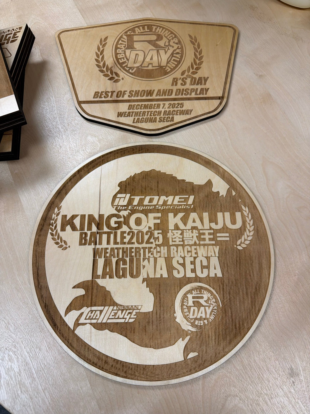 Custom engraved wooden awards for an automotive event