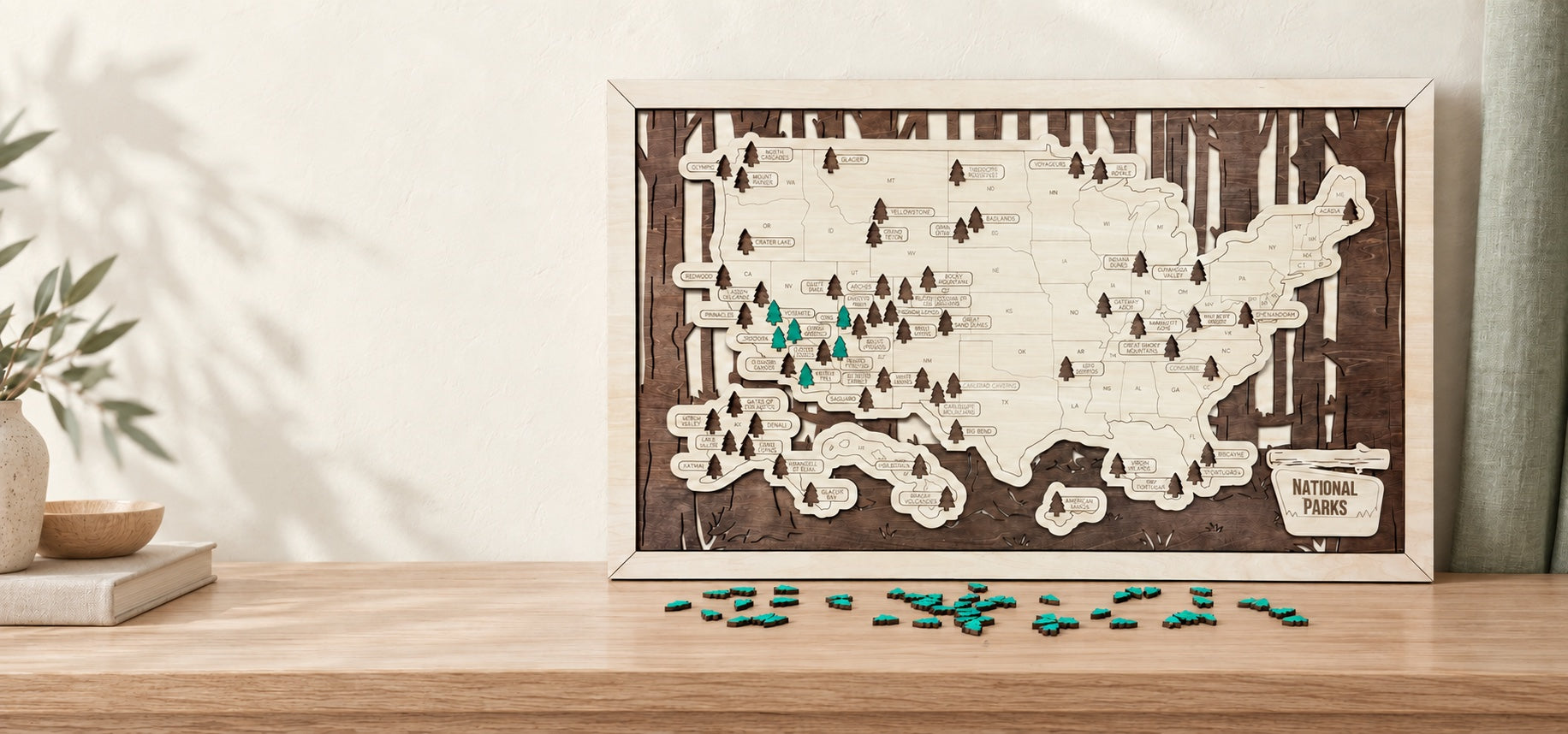 Wooden National Parks map styled on a pale oak console with a warm cream backdrop