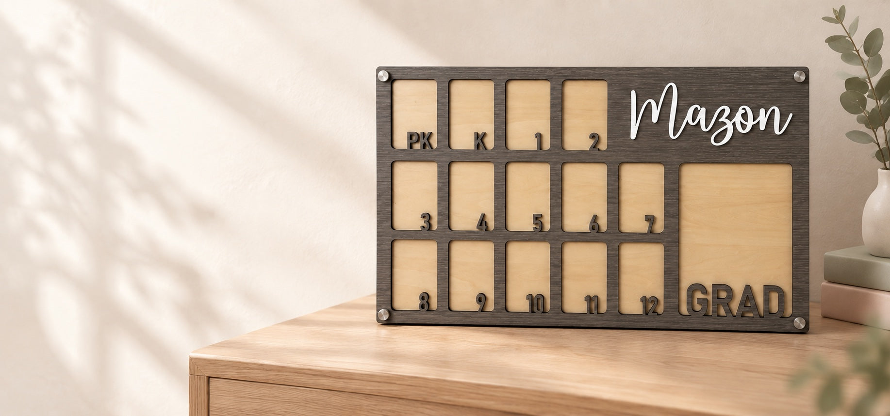 Personalized Mason school milestone photo frame on a natural oak console
