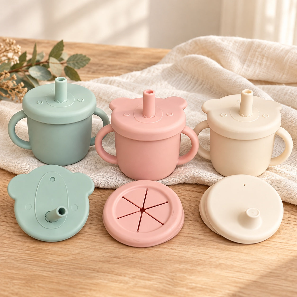 Pastel sage blush and cream snack cups on natural linen