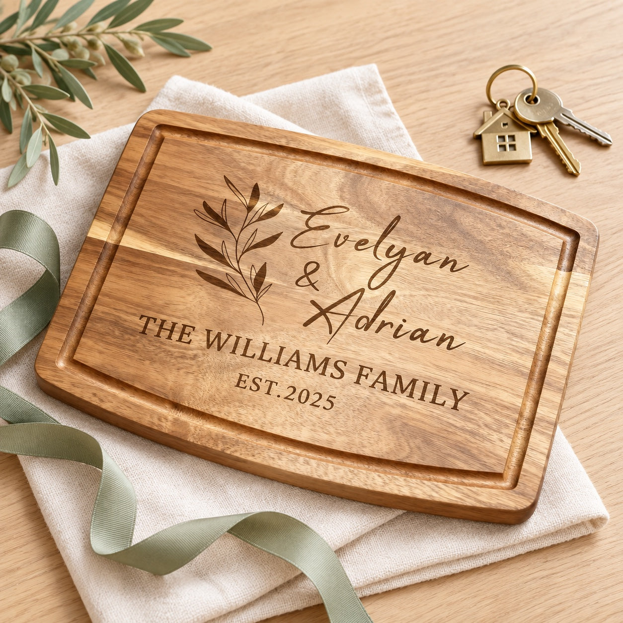 Personalized wooden cutting board with sage ribbon and house keys