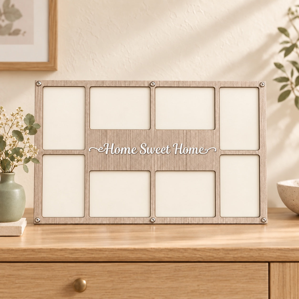 Home Sweet Home wooden collage frame with eight empty photo openings on a pale oak console