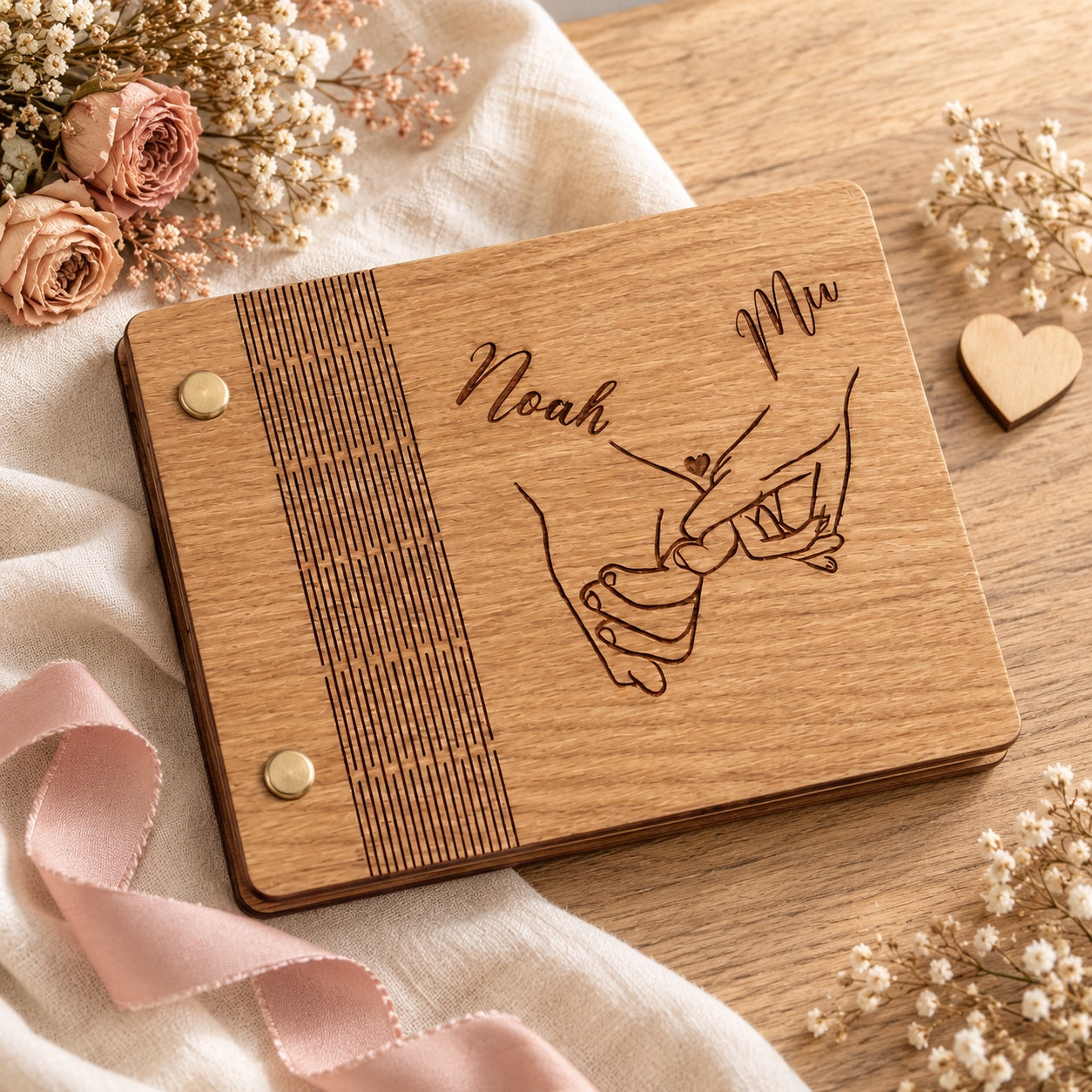 Personalized wooden wedding keepsake book with blush ribbon