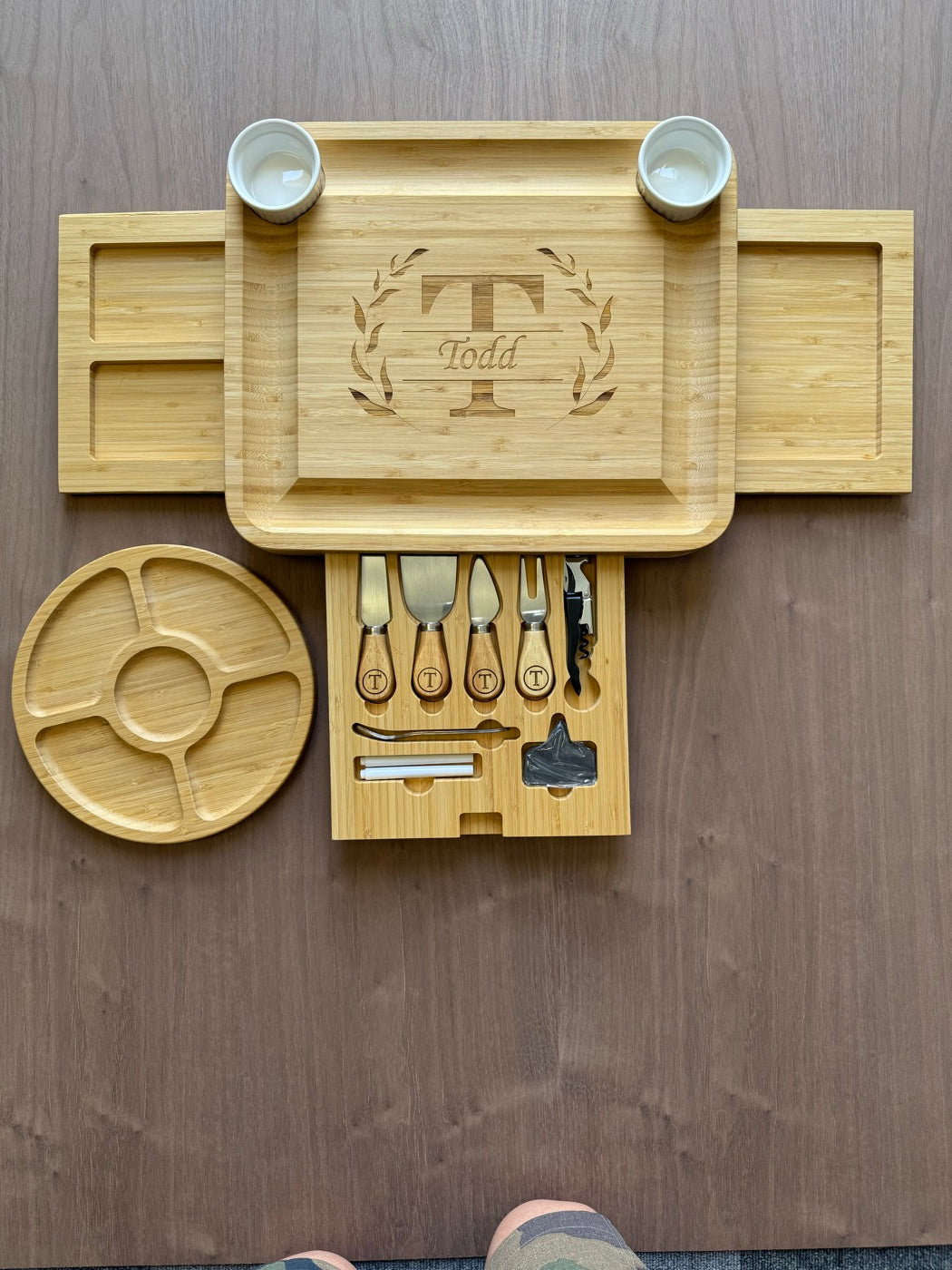 Personalized bamboo cheese board set with monogrammed utensils